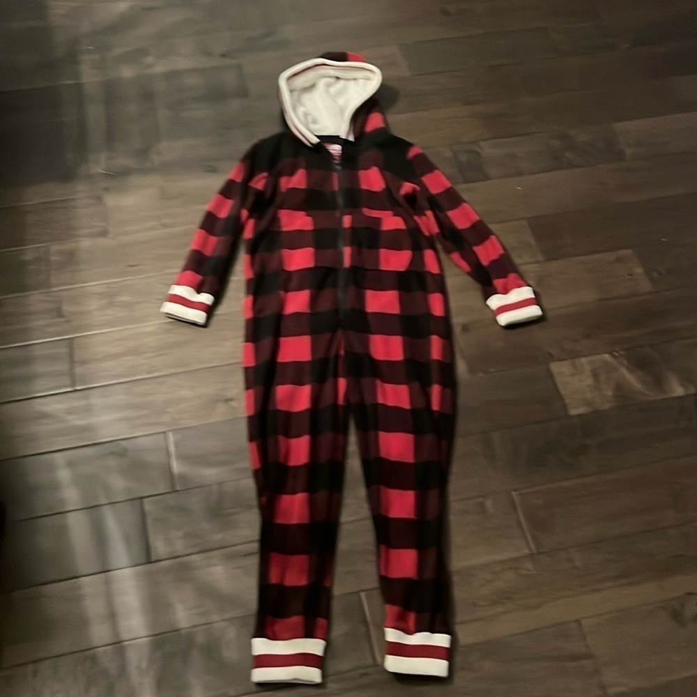Fleece Hooded Onesie kids plaid, size 10/12 boys girls unisex pj
